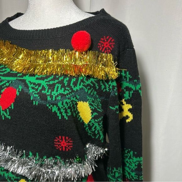 Women's No Boundaries Christmas Large Sweater Black Gold Silver Trim Ornaments - Picture 5 of 10